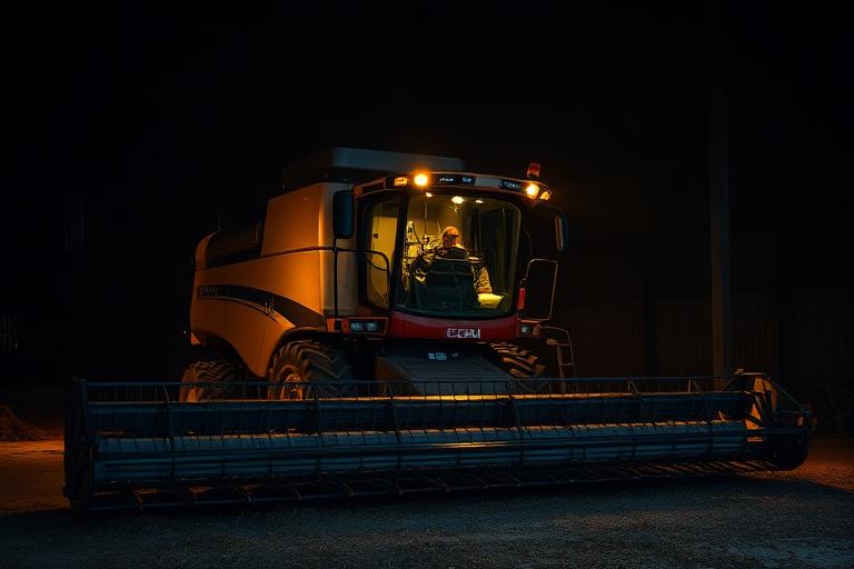 Combine harvester in a barn at night